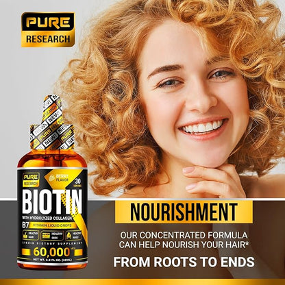 Liquid Biotin & Collagen Hair Growth Drops 60,000mcg - Biotin and Liquid Collagen Supplement for Men & Women - Glowing Skin Support, Healthy Hair & Nail Growth - 2oz
