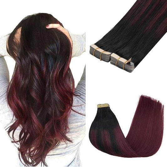 GOO GOO Tape in Hair Extensions Human Hair, 1/99 Balayage Jet Black to Red, 20inch 100g 40pcs, Skin Weft Seamless Invisible, Silky Straight with Thick Ends, Remy Human Hair