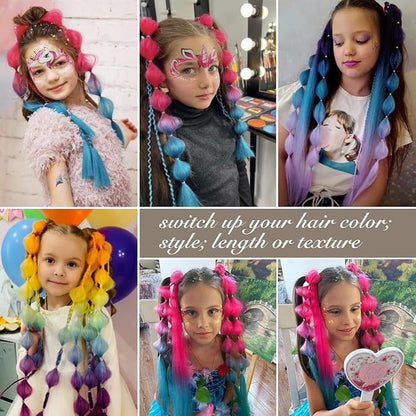 2 Pcs 22 Inch Lightweight Bubble Ponytail Extensions, Fiber Mix Four Silky Colorful Braids with Hair Tie, Crazy Hair Day, Festival Rave Accessories for Girls (Pink/Blue/Purple/Light Cyan#)