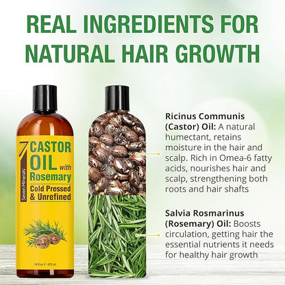 Seven Minerals Cold Pressed Castor Oil with Rosemary - 16 fl oz Bottle - Unrefined & Hexane Free - Hair Growth, Thicker Eyelashes & Eyebrows, Dry Skin Care, Joint and Muscle Pain (Pack of 1)
