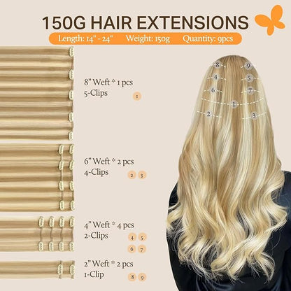 DOORES Hair Extensions Clip in Human Hair, Dark Blonde Highlighted Bleach Blonde 150g 9pcs 14 Inch, Remy Clip in Human Hair Extensions Real Natural Hair Extensions