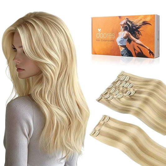 DOORES 18 Inch 9pcs Clip in Human Hair Extensions, Real Human Hair, Dirty Blonde Highlight Golden Blonde, Super Thick 150g, Wavy