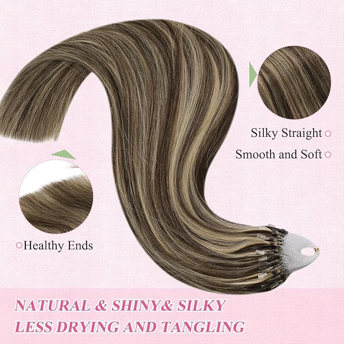 YoungSee Microlink Hair Extensions Human Hair Brown Highlight Micro Beads Hair Extensions Dark Brown Highlight Caramel Blonde Bead Hair Extensions Real Human Hair Short Hair Extensions 14 Inch 50g 50s