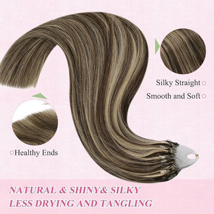 YoungSee Microlink Hair Extensions Human Hair Brown Highlight Micro Beads Hair Extensions Dark Brown Highlight Caramel Blonde Bead Hair Extensions Real Human Hair Short Hair Extensions 14 Inch 50g 50s