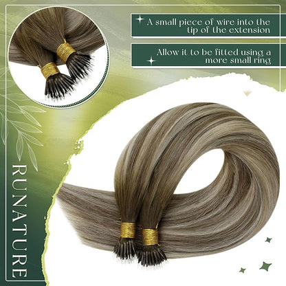 RUNATURE 20 Inch Nano Hair Extensions - Balayage Brown to Blonde Silky Human Hair - Remy Pre-Bonded Nano Bead Straight Extensions 50g 50s