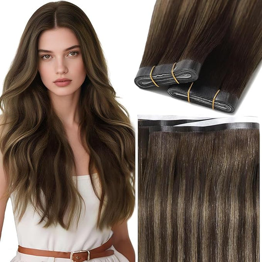 Lacer Wide Tape in Hair Extensions 18 Inch Invisible Long Weft Hair Extensions Human Hair Chestnut Brown Mixed Dark Brown With Dark Brown Roots Tape in Weft Extensions One Piece 50G