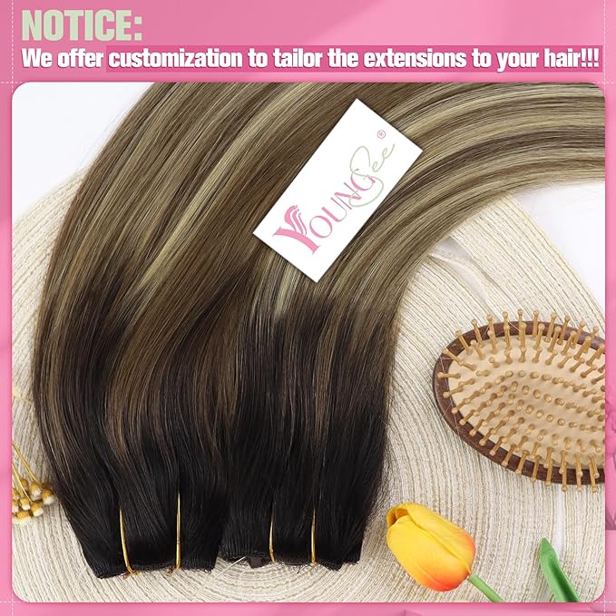 YoungSee Wire Hair Extensions Real Human Hair Balayage Wire Extension with Adjustable Clips Dark Brown Roots Blending into Medium Brown with Warm Blonde Highlights Remy Human Hair Extensions 18In 80G