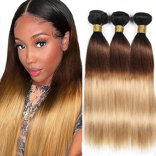 T1B4/27 Human Hair Bundles Ombre Blonde Straight Bundles 18 20 22 Inch 3 Tone Brown And Honey Blonde Straight Bundle Double Weft Hair Weave