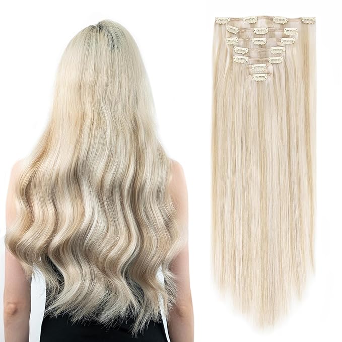 Clip in Hair Extensions Real Human Hair, 100% Remy Hair Extensions Clip Ins, Dark Blonde Highlighted Bleach Blonde Hair Extension for Women, #P18A/613A 16Inch 120G 7PCS
