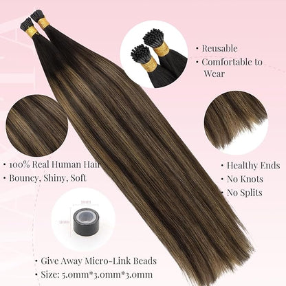 MAXITA I Tip Hair Extensions, 50g/100s, Dark Brown Mixed Chestnut Brown, 14 Inch Comfortable Wear, Invisible & Natural Cold Fusion, 100% Remy Human Hair Itip Keratin Extensions