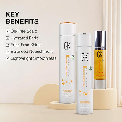 GK HAIR Global Keratin Balancing Shampoo and Conditioner Sets (10.1 Fl Oz/300ml) with Anti Frizz Serum Argan Oil (1.69 Fl Oz/50ml) for Dry Damaged Repair- All Hair Types Sulfate Paraben Free Unisex