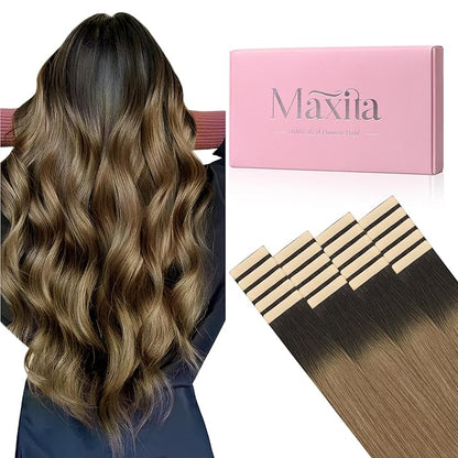 MAXITA Tape in Hair Extensions Human Hair, 20pcs 50g 20 Inch Ash Dark to Light Chestnut Brown Hair Extensions Straight Human Hair Tape ins Skin Weft Seamless Tape in Extensions