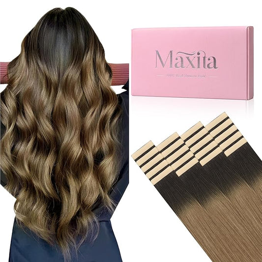 MAXITA Tape in Hair Extensions Human Hair, 20pcs 50g 18 Inch Ash Dark to Light Chestnut Brown Hair Extensions Straight Human Hair Tape ins Skin Weft Seamless Tape in Extensions