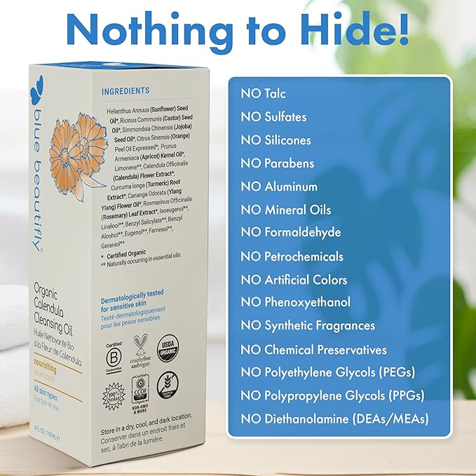 Blue Beautifly USDA Certified Organic Calendula Cleansing Oil - Removes Makeup, Cleanses Pores, and Restores Protective Barrier - Enriched with Apricot Oil and Turmeric Extract - 4 fl oz