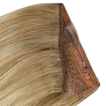 YoungSee Wire Hair Extensions Real Human Hair Balayage Wire Hair Extensions Light Brown with Platinum Blonde and Brown #8/60/8 Layered Hair Extensions Human Hair Fish Line Hair Extensions 16Inch 80G