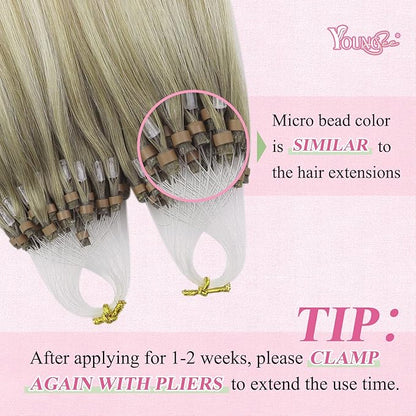 YoungSee Micro Loop Hair Extensions Real Human Hair Blonde Bead Hair Extensions Human Hair Ash Blonde Ombre Platinum Blonde Microbead Human Hair Extensions Balayage Add Hair Length 22In 50s/50g