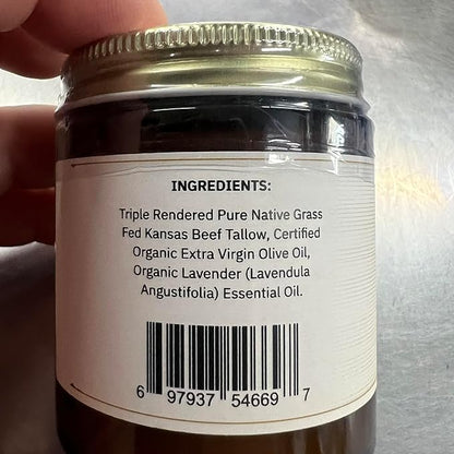 Beef Tallow Balm - 4 oz - Made in USA - Organic Grass Fed and Finished Tallow - Moisturizing Skin Care Lavender