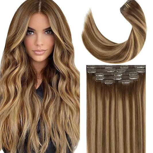 LacerHair PU Clip in Hair Extensions Remy Human Hair Chocolate Brown to Caramel Blonde with Brown Roots 22 Inch Thick Remy Glam Seamless Light Hair Extensions with Skin-Weft Technology 110g 7pcs