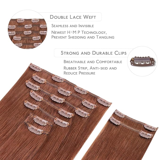 WENNALIFE Clip in Hair Extensions Real Human Hair, 20 Inch 150g 9pcs Human Hair Extensions Clip In, Dark Auburn Copper Hair Extensions Clip In Real Hair Coloured Remy Human Hair Extensions