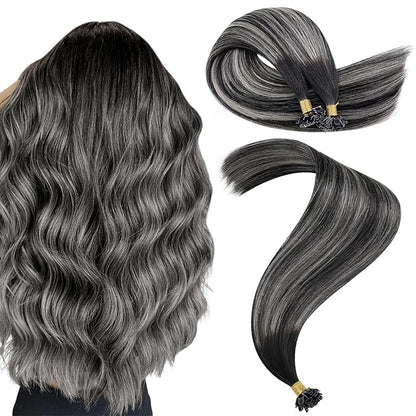 YoungSee K Tip Human Hair Extensions Ombre U Tip Extensions Human Hair Straight Ktip Real Hair Extensions Natural Black Roots to Silver Grey Balayage Hair Extensions K Tip 50g 22inch 50s
