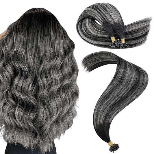 YoungSee K Tip Human Hair Extensions Ombre U Tip Extensions Human Hair Straight Ktip Real Hair Extensions Natural Black Roots to Silver Grey Balayage Hair Extensions K Tip 50g 22inch 50s