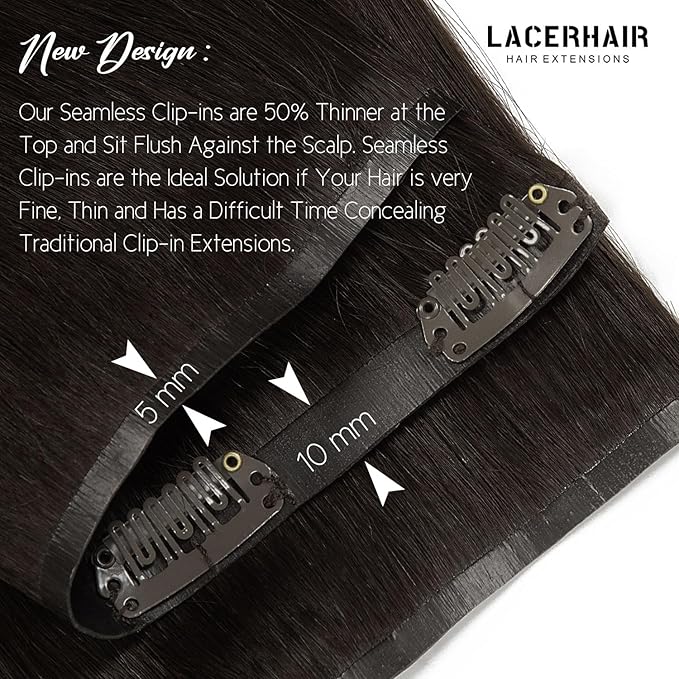 Lacer Hair Seamless Clip in Human Hair Extensions Ultra Thin Invisible PU Weft Clip On Hair Extensions 16 Inch 7Pcs 110g Hair Extensions Clip in Human Hair for Fine Thin Hair Women #2 Darkest Brown