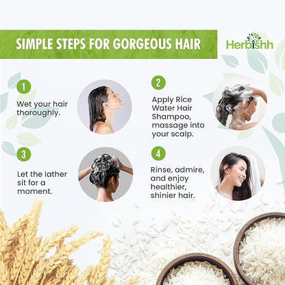 Herbishh Rice Water Hair Growth Shampoo - 400ml with Power of Castor Oil, Argan & Coconut Oil & Biotin | All Hair Type | Hair regrowth for Thinning Hair, Moisturizing & Volumizing | Silicone Free