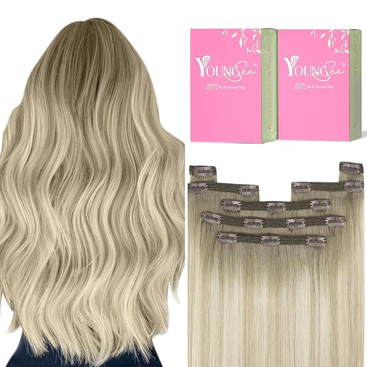 YoungSee Clip in Hair Extensions Real Human Hair Ombre Clip in Real Hair Extensions Ash Blonde Ombre Sunkissed Blonde Clip in Extensions for Women Quick Installation Hair Extensions 120G 7pcs 18Inch