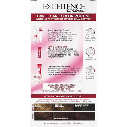 L'Oreal Paris Excellence Creme Permanent Triple Care Hair Color, 4AR Dark Chocolate Brown, Gray Coverage For Up to 8 Weeks, All Hair Types, Pack of 1