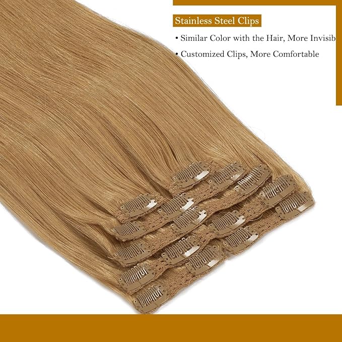 Loxxy Blonde Hair Extensions Clip in Extensions Remy Human Hair Strawberry Blonde Double Weft Real Human Hair Thick Silky Straight #27 Clip in Extensions Full Head 16 Inch 120g