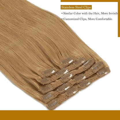 Loxxy Blonde Hair Extensions Clip in Extensions Remy Human Hair Strawberry Blonde Double Weft Real Human Hair Thick Silky Straight #27 Clip in Extensions Full Head 16 Inch 120g