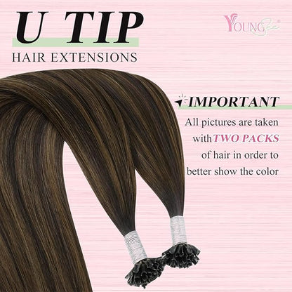YoungSee U Tip Hair Extensions Human Hair Balayage Ktip Hair Extensions Balayage Dark Brown with Brown U Tips Hair Extensions Real Human Hair Ombre for Women Human Hair Extensions U Tip 20In 50s/50G