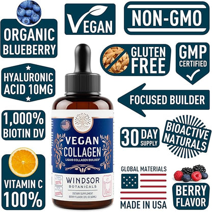 Vegan Collagen Builder Liquid Supplement - Collagen Booster with Vitamin C, Biotin, Hyaluronic Acid & Amino Acids - Organic Fruit & Vegetable Blend - 120ml, 60 Day