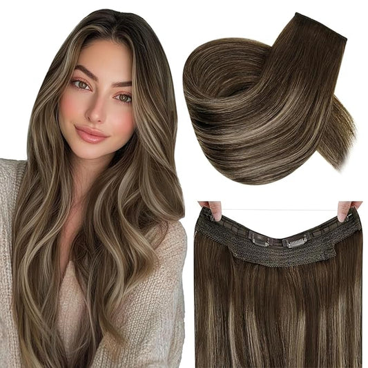 RUNATURE Invisible Wire Hair Extensions Real Human Hair with Transparent Wire 14 Inch 70g Fish Line Hair Extensions One Piece Clip in Wire Human Hair Extensions Full Ends Remy Natural Hair