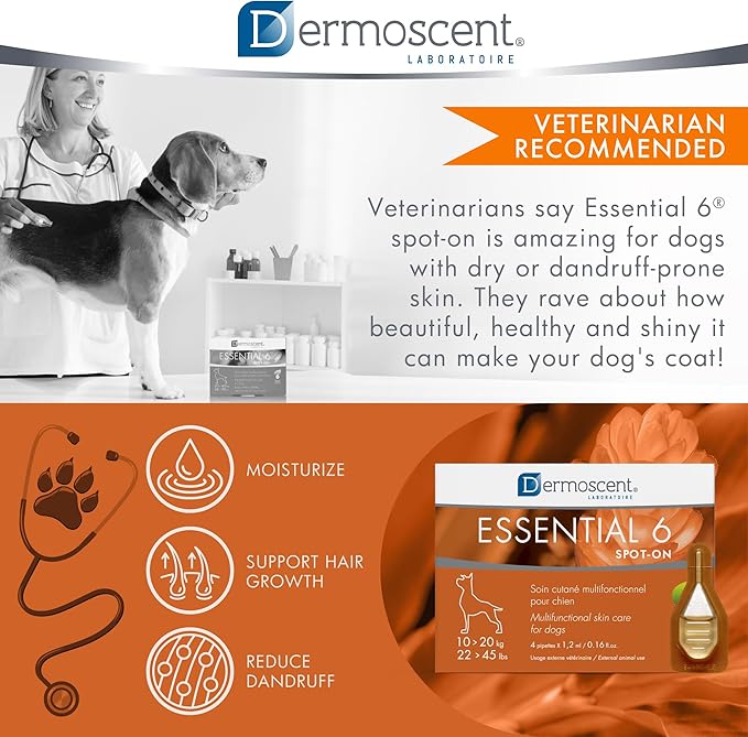 Dermoscent Essential 6 spot-on - Dog Skin Care for Dandruff & Allergy Relief with Vitamin E Oil - Anti Itch for Dogs - Natural Ingredients for Sensitive Skin - Dogs 10-20 kg - 4 Pipettes of 1.2 ml