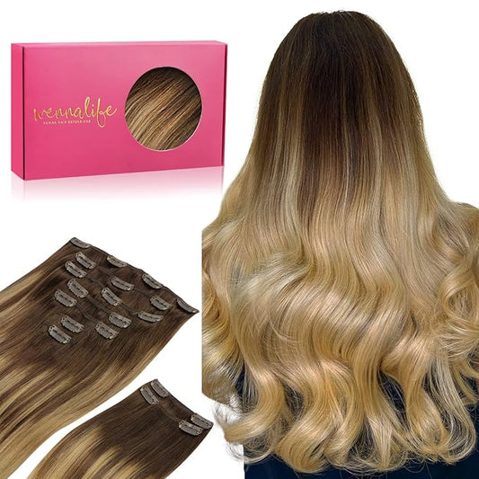 WENNALIFE Clip in Hair Extensions Real Human Hair, 18 Inch 150g 9pcs Human Hair Extensions Clip In, Balayage Chocolate Brown to Dirty Blonde Hair Extensions Clip In Real Remy Human Hair