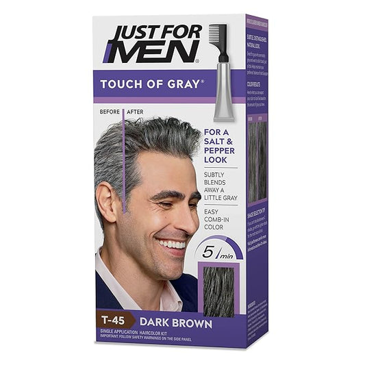 Just For Men Touch of Gray, Mens Hair Color Kit with Comb Applicator for Easy Application, Great for a Salt and Pepper Look - Dark Brown, T-45, Pack of 1