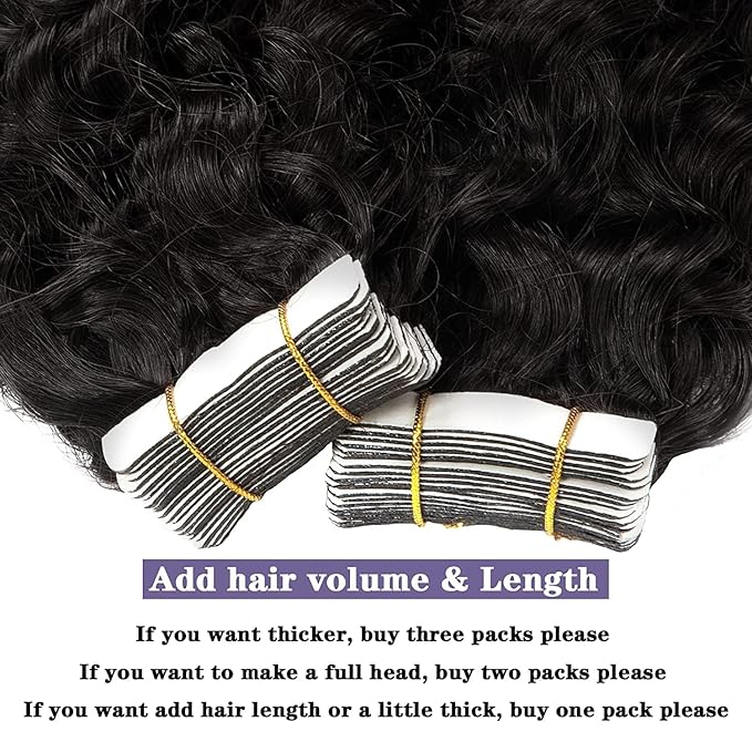 Anrosa 20inch Kinky Curly Tape on Hair Extensions with Invisible Tape Jerry Curly Tape in Hair Extensions Human Hair Seamless Natural Black #1B Thick End 50Gram 20pcs