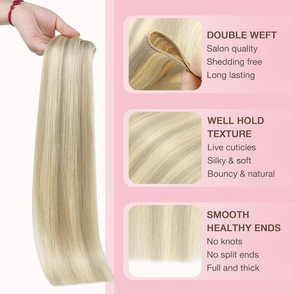 GOO GOO Sew in Hair Extensions Real Human Hair, Weft Hair Extensions Human Hair, 17A/60A Ash Blonde Highlighted Platinum Blonde 16inch 100g, Weft Bundles Straight Silky Remy Hair