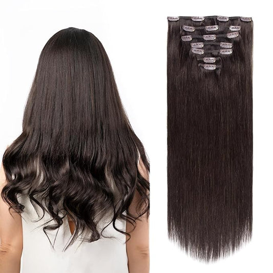 Clip in Hair Extensions Real Human Hair, Remy Human Hair Clip in Extensions for Long Hair, Dark Brown Straight Hair Extensions Add Volum add Length #2 16Inch 120G 7PCS