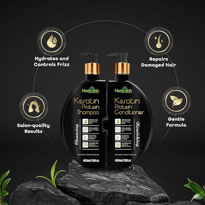 Herbishh Keratin Shampoo and Conditioner Set - Hydrating Shampoo & Nourishing Conditioner for Dry Damaged Hair - Sulfate Free - Plant Based - Set of 2