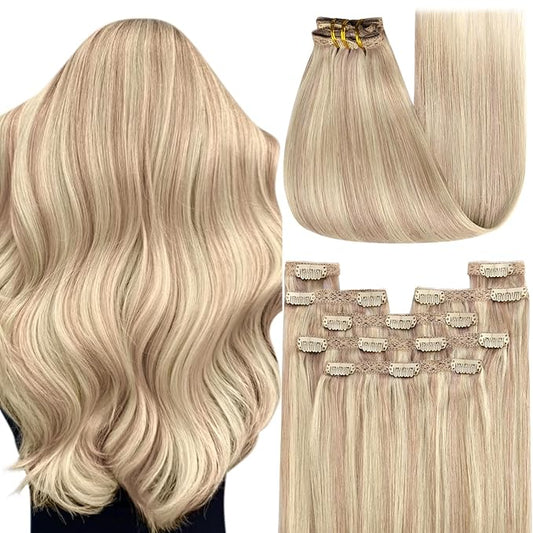 YoungSee Blonde Clip in Hair Extensions 20 inch Blonde Hair Extensions Clip in Highlights #18/613 Blonde Clip in Hair Extensions Human Hair Soft 100G 7Pcs