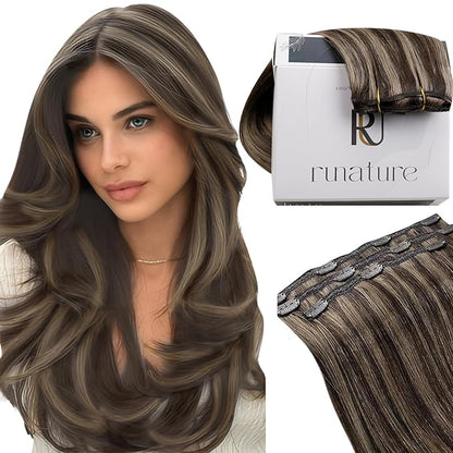 RUNATURE Clip in Hair Extensions Real Human Hair, Brown Clip in Extensions with Highlights, Remy Naural Hair for Women Silky Straight 10 Inch 50g 3pcs #2P8A Dark Brown Mix Light Brown