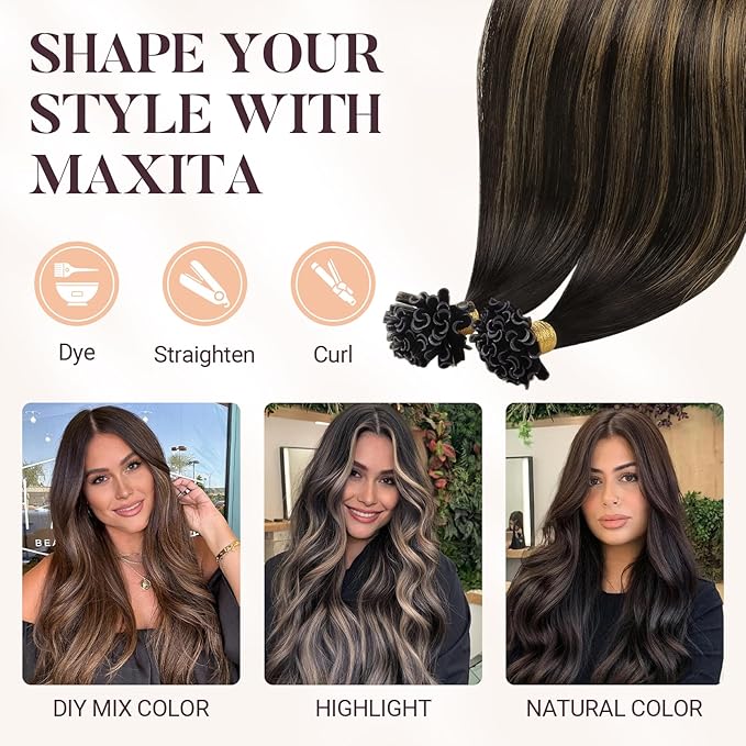 MAXITA U Tip Hair Extensions Human Hair, Balayage Dark Brown Mixed Chestnut Brown Virgin Human Hair Extensions Real Human Hair, 50g/50 Strands/Pack, 23 In