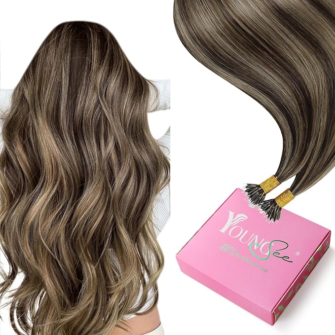 YoungSee Nano Hair Extensions Real Human Hair Brown Nano Beads Hair Extensions Human Hair Dark Brown Highlight Caramel Blonde for Long Hair Silky Straight Natural Looking 24in 50s 50g