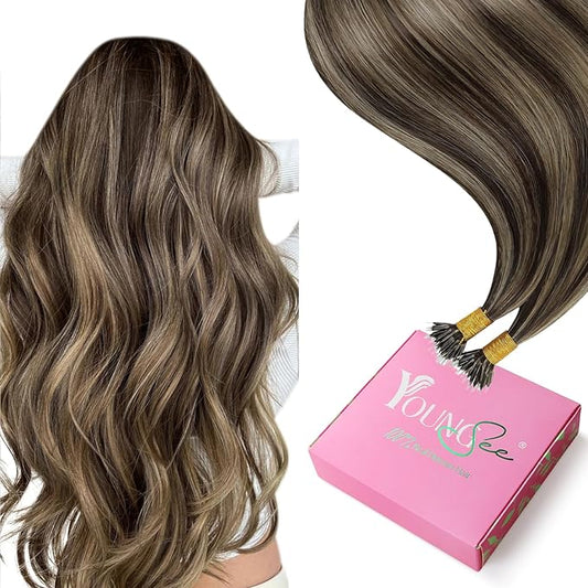 YoungSee Nano Hair Extensions Real Human Hair Brown Nano Beads Hair Extensions Human Hair Dark Brown Highlight Caramel Blonde for Long Hair Silky Straight Natural Looking 24in 50s 50g