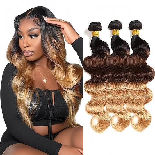 Ombre Human Hair Bundles 4/27 Body Wave Bundle Niegmeag Virgin Remy Hair 3 Bundles 12 14 16 Inch Double Weft 3 Tone Brown and Honey Blonde Body Wave Bundle