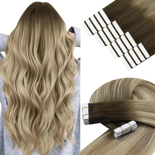 YoungSee Human Hair Tape in Extensions Balayage Brown Tape in Hair Extensions Real Human Hair Brown Ombre Blonde with Medium Brown Tape Human Hair Extensions Silky Straight 20 Inch 20pcs 50g
