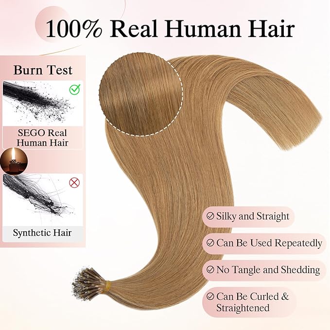 Nano Bead Human Hair Extensions - Nano Bond & Tip Extensions, Silky Straight Natural 50g/50 Stands 16" Dark Blonde