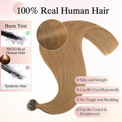 Nano Bead Human Hair Extensions - Nano Bond & Tip Extensions, Silky Straight Natural 50g/50 Stands 16" Dark Blonde